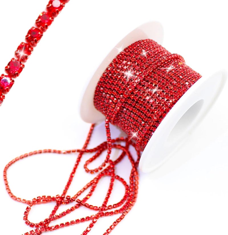 PEARLY JUN 10 Yards Red Rhinestone Chain Light Siam Rhinestone Trim Crystal Artificial Stone Trim Cup Chain SS6 2mm Color Plated Cup Stitch Costume Decoration - Image 1